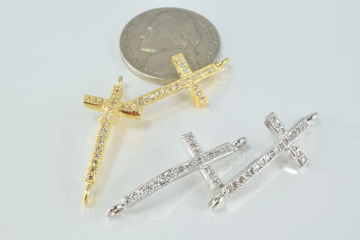 18K Gold & White Gold Filled Look, Cross Connectors, Clear CZ Micro Pave Bead Charms for Jewelry Making