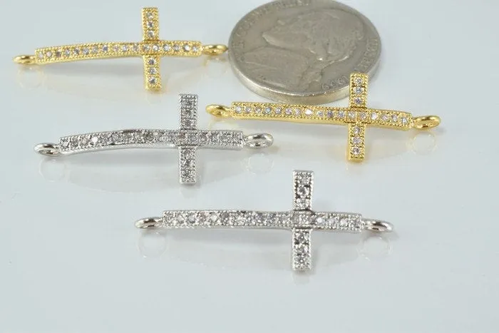 18K Gold & White Gold Filled Look, Cross Connectors, Clear CZ Micro Pave Bead Charms for Jewelry Making
