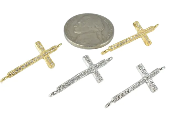 18K Gold & White Gold Filled Look, Cross Connectors, Clear CZ Micro Pave Bead Charms for Jewelry Making