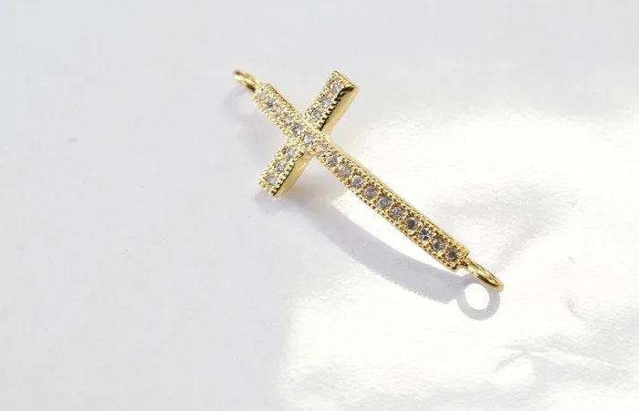 18K Gold & White Gold Filled Look, Cross Connectors, Clear CZ Micro Pave Bead Charms for Jewelry Making