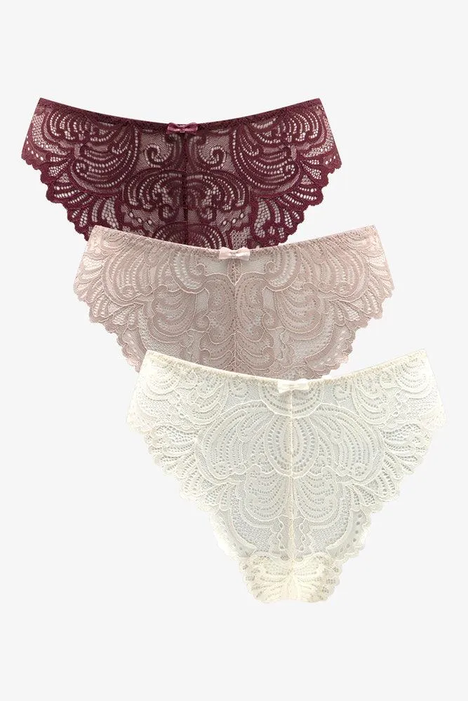 3 Pack Lace Thongs Burgundy, Natural & Cream