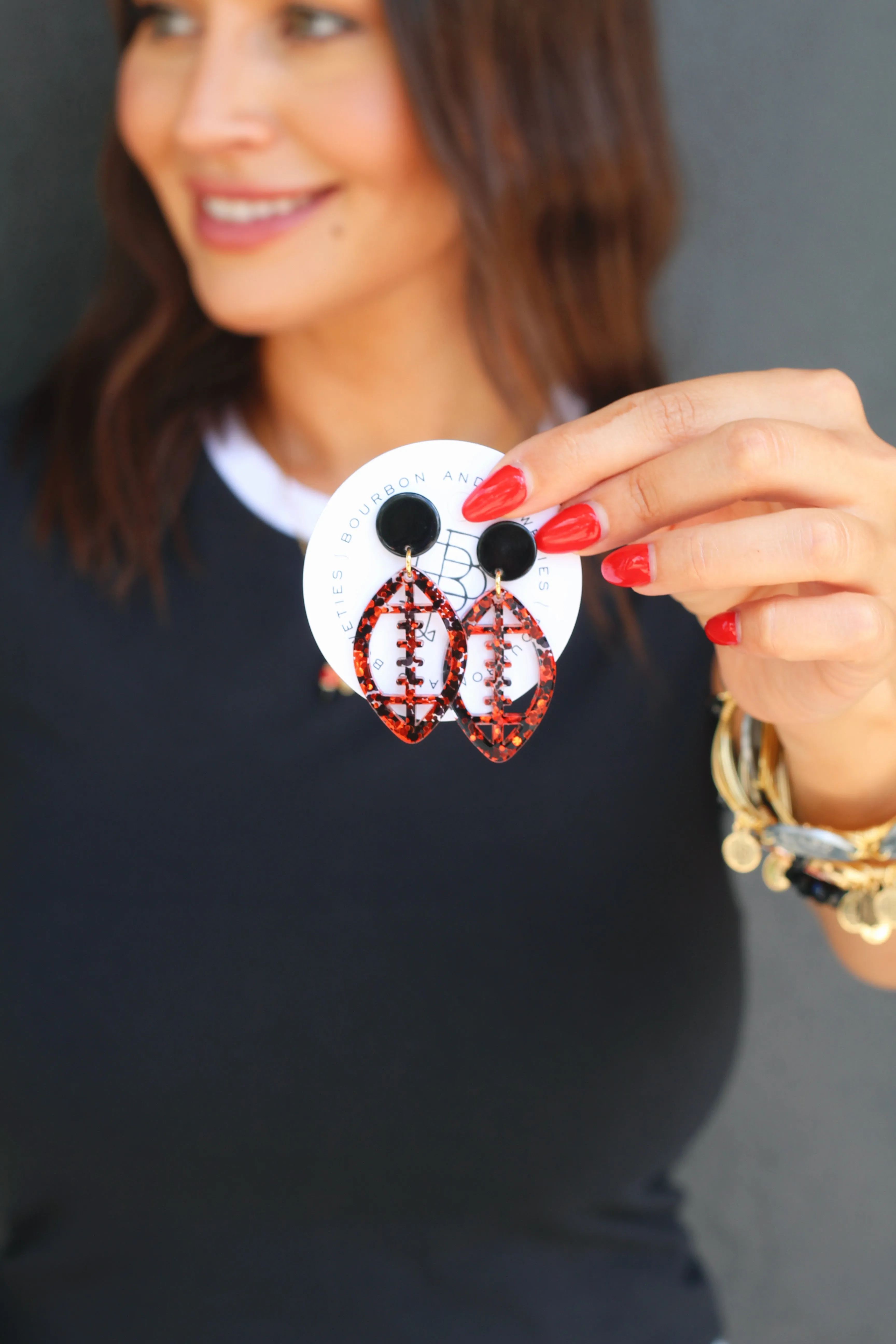 Acrylic Football Earring - Black   Red Glitter