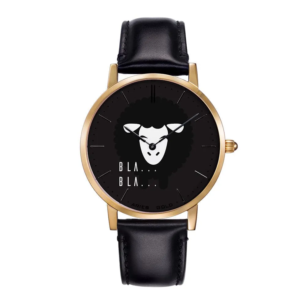 ARIES GOLD CUSTOMISED GOLD STAINLESS STEEL WATCH - BLA BLA BLACK UNISEX LEATHER STRAP WATCH