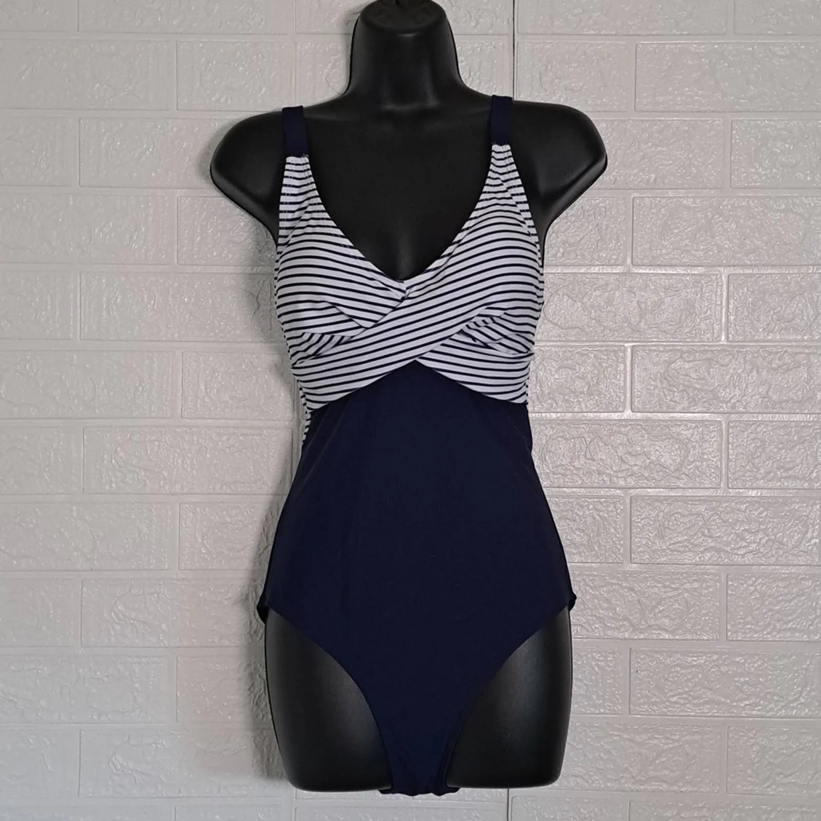B2prity One Piece Front Cross Swimsuit in Navy Stripe