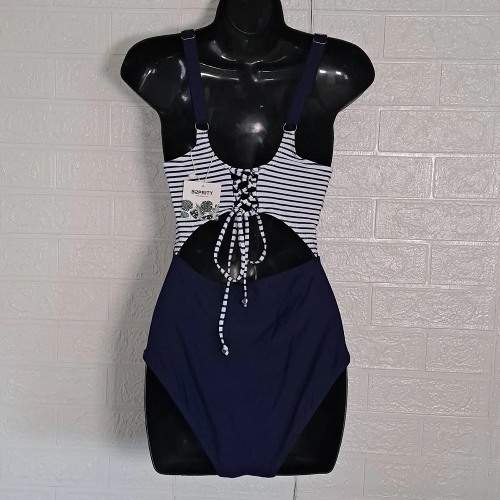 B2prity One Piece Front Cross Swimsuit in Navy Stripe