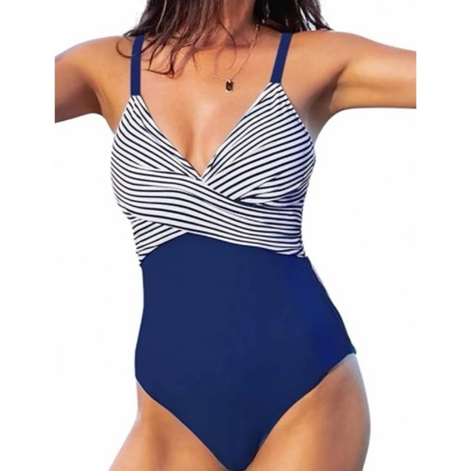B2prity One Piece Front Cross Swimsuit in Navy Stripe