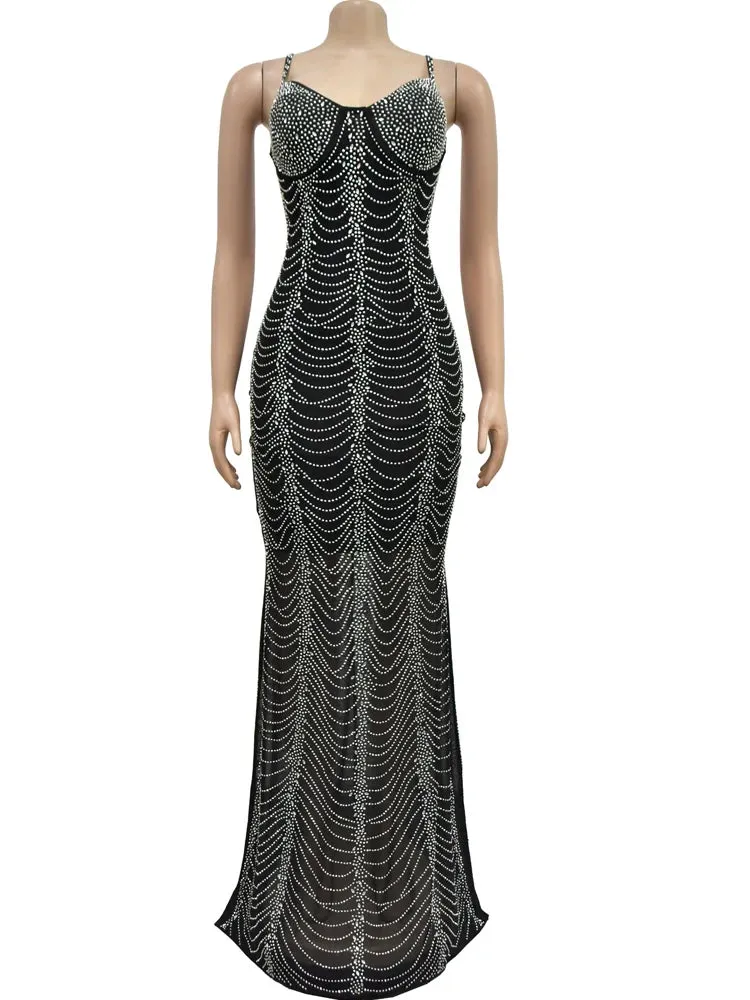 Beyprern Women's Black Rhinestones Décor Long Maxi Dress Gowns Sparkle Crystal Cocktail Dress Celebrities Outfits Night Clubwear