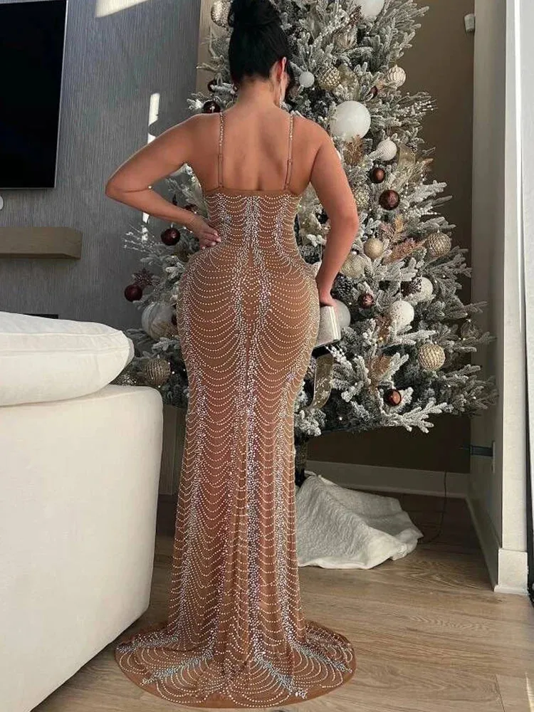 Beyprern Women's Black Rhinestones Décor Long Maxi Dress Gowns Sparkle Crystal Cocktail Dress Celebrities Outfits Night Clubwear