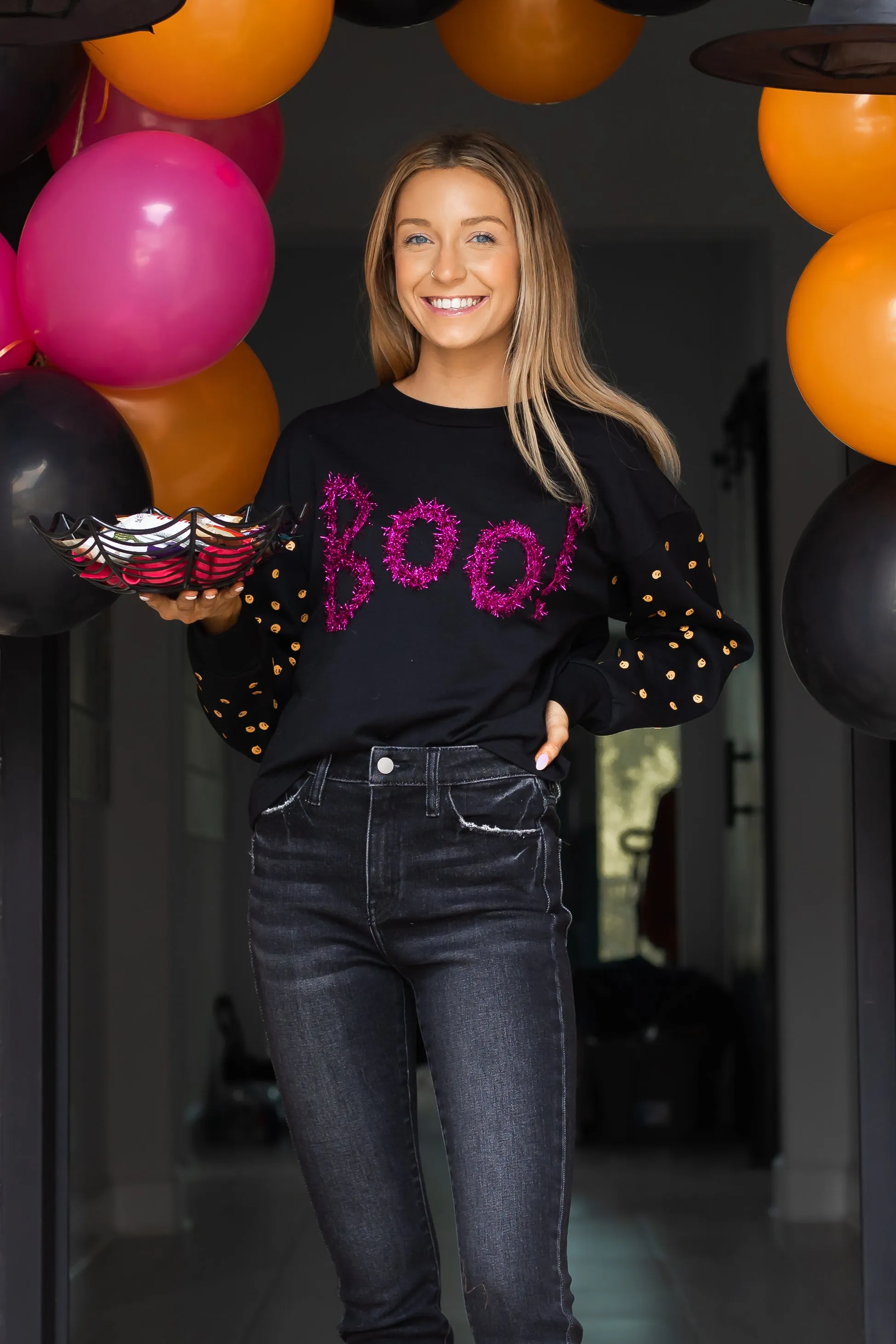 Black Boo Crewneck with Pumpkin Sequin Sleeves