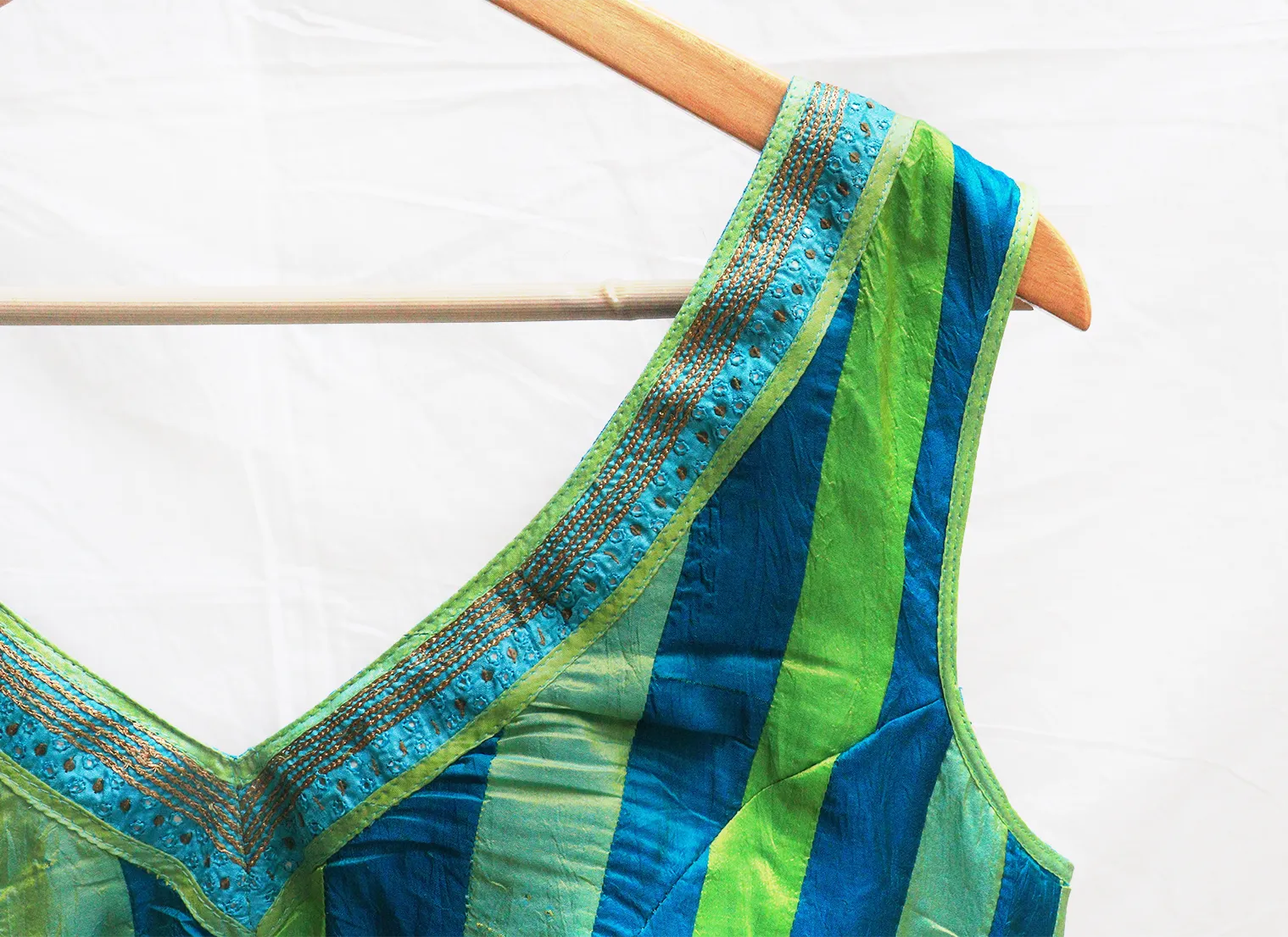 Blue, Parrot green and light green, Karnataka silk, Hand Embroidery and Patchwork blouse