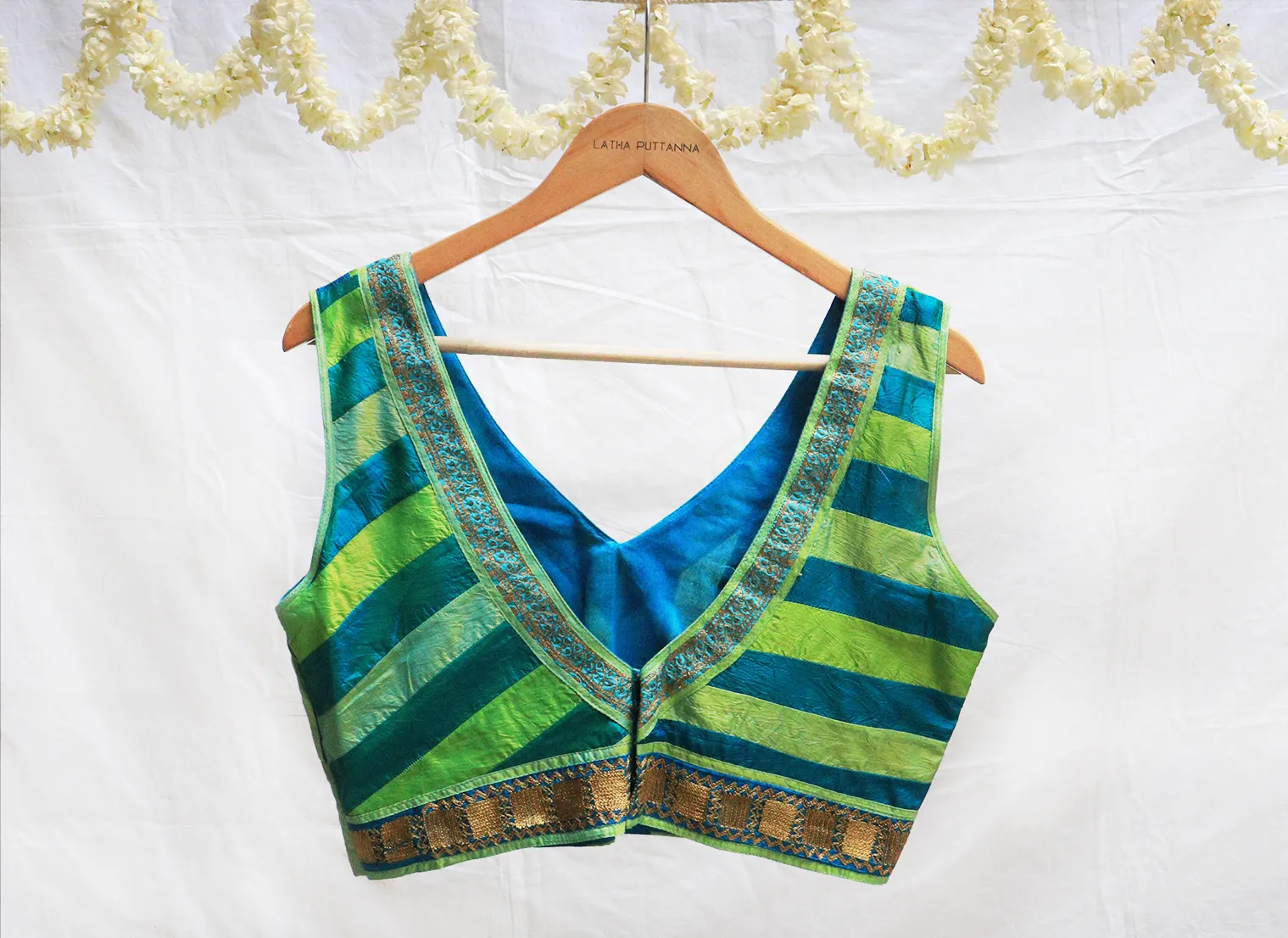 Blue, Parrot green and light green, Karnataka silk, Hand Embroidery and Patchwork blouse