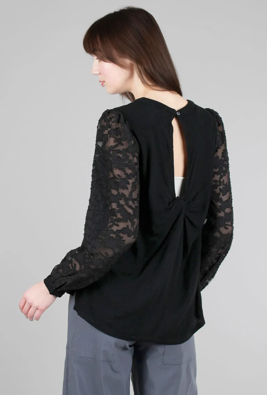 Chiffon-Sleeve Twist-Back Top, Black