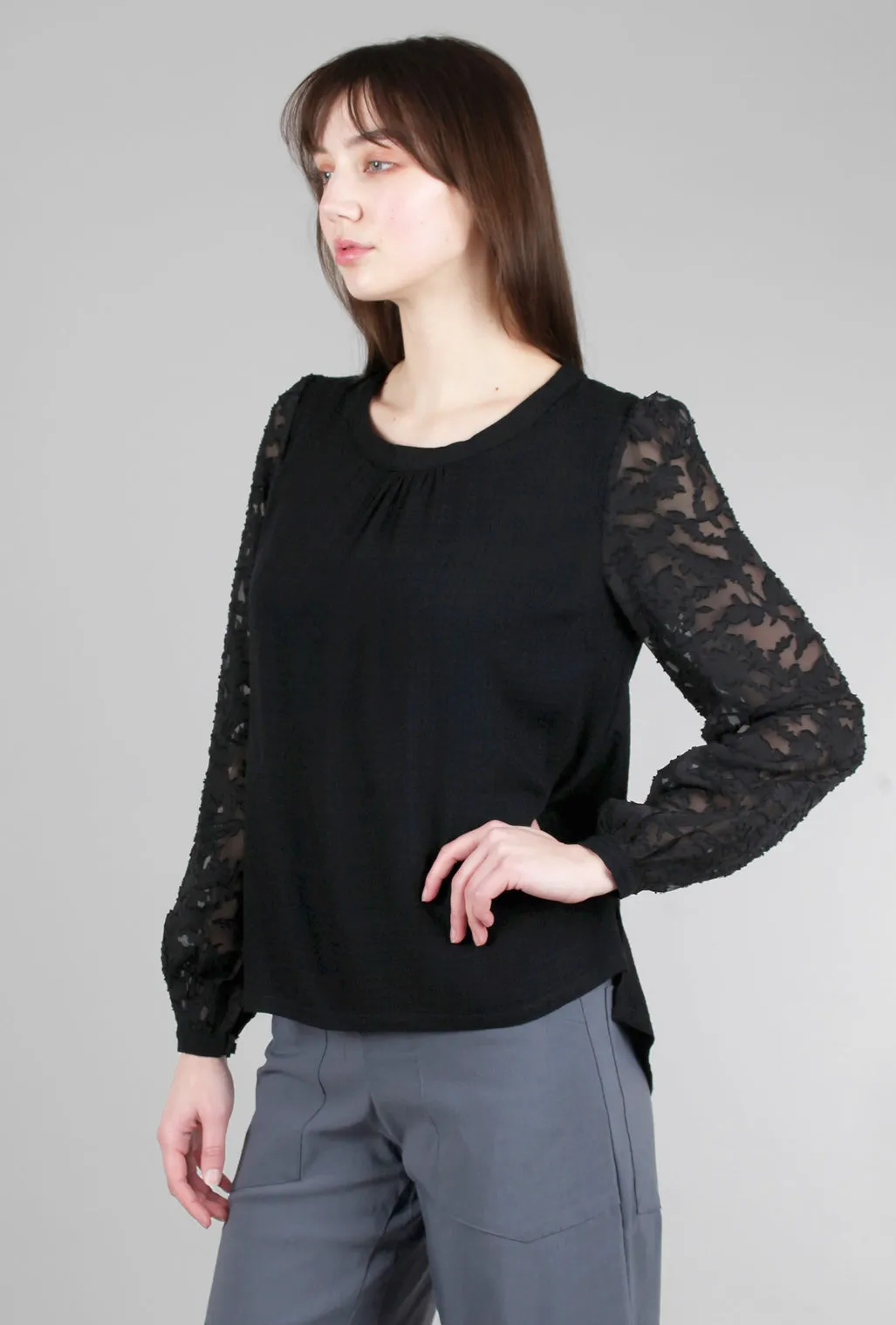 Chiffon-Sleeve Twist-Back Top, Black