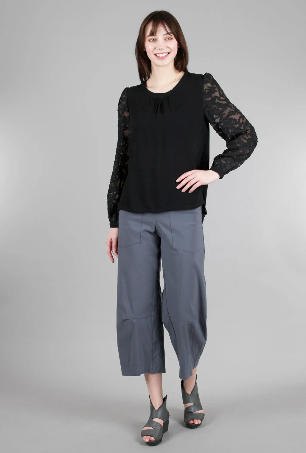 Chiffon-Sleeve Twist-Back Top, Black