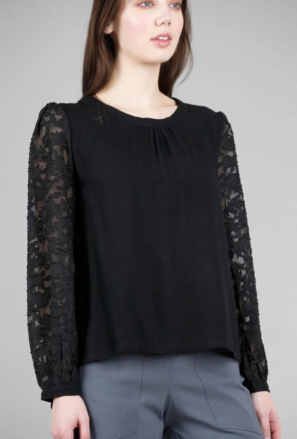 Chiffon-Sleeve Twist-Back Top, Black
