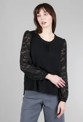 Chiffon-Sleeve Twist-Back Top, Black