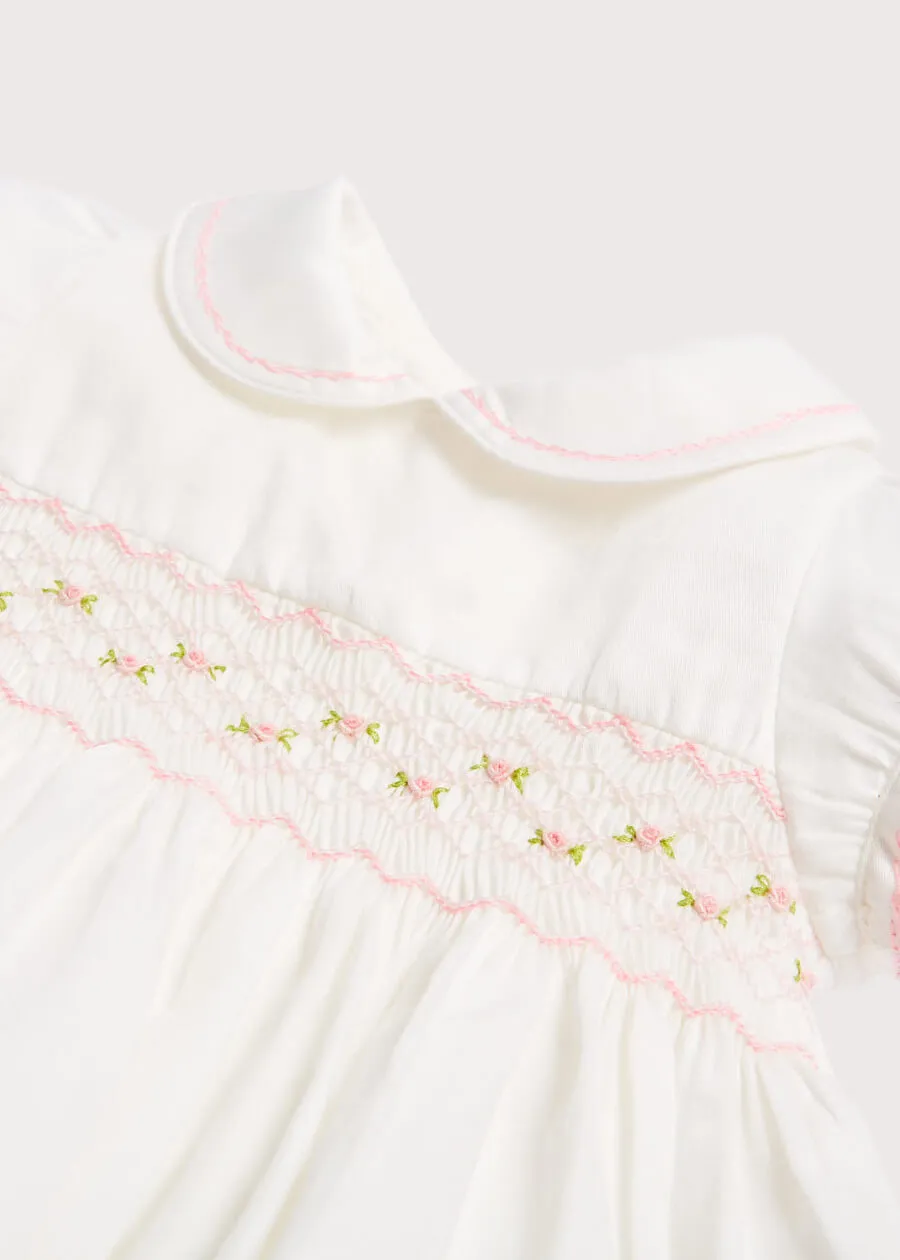 Classic Off-White Pink Handsmocked Romper (3-18mths)