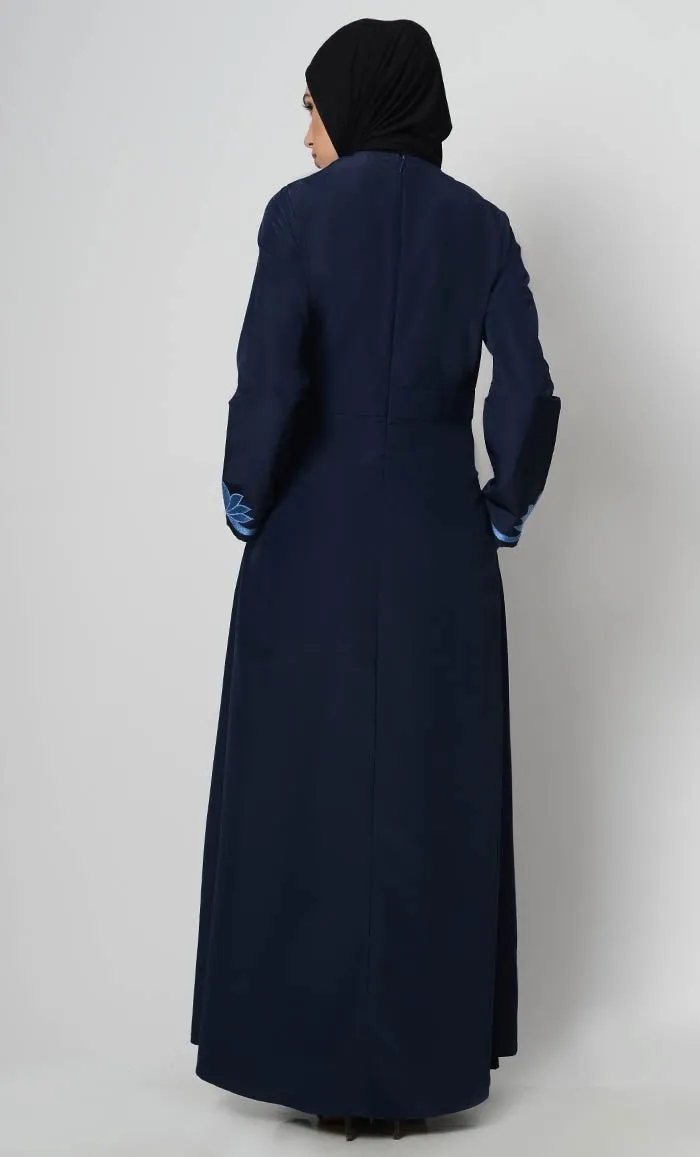Contrast Embroidered Grace Abaya-Navy - Final Sale