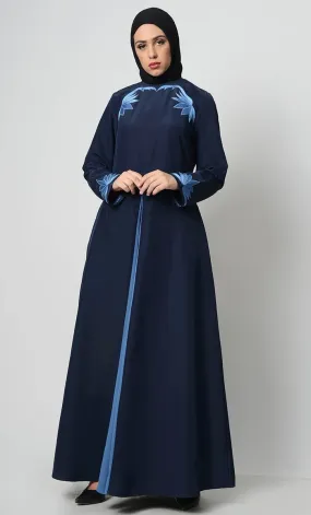 Contrast Embroidered Grace Abaya-Navy - Final Sale