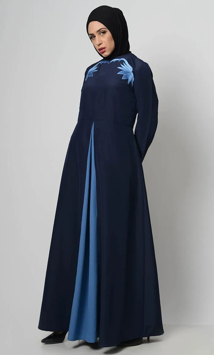 Contrast Embroidered Grace Abaya-Navy - Final Sale