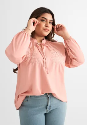 Edie Bohemian Tie Front Embroidery Blouse - Pink