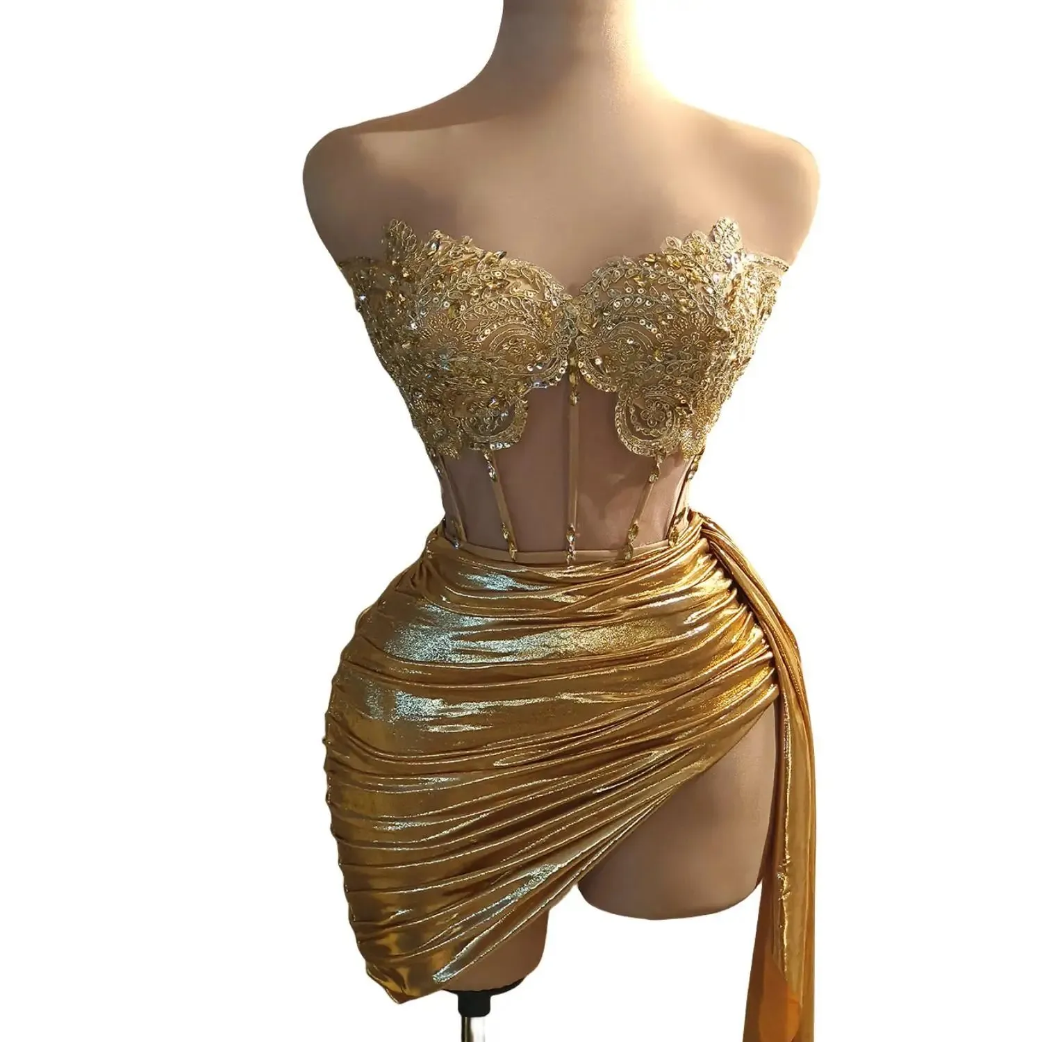 Luxury Gold Diamond Formal Occasion Cocktail Dresses 2-Piece Set Prom Gown Outfit Sexy Girls Short Prom Dress Birthday Huangjin
