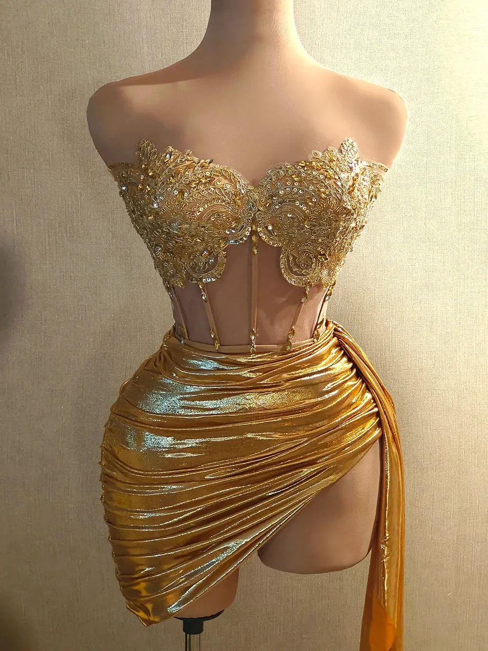 Luxury Gold Diamond Formal Occasion Cocktail Dresses 2-Piece Set Prom Gown Outfit Sexy Girls Short Prom Dress Birthday Huangjin