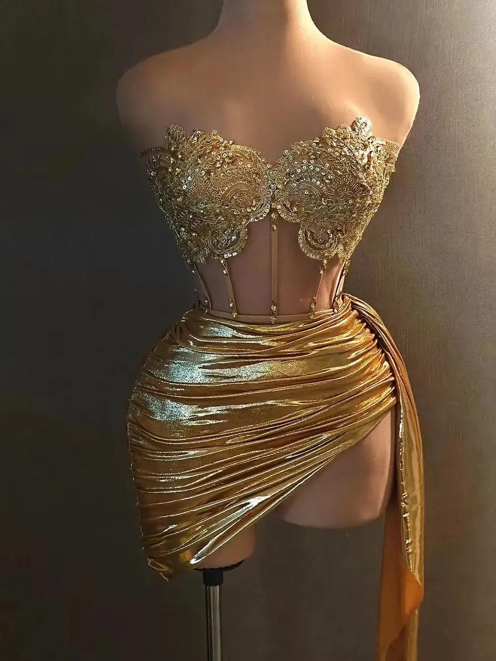Luxury Gold Diamond Formal Occasion Cocktail Dresses 2-Piece Set Prom Gown Outfit Sexy Girls Short Prom Dress Birthday Huangjin