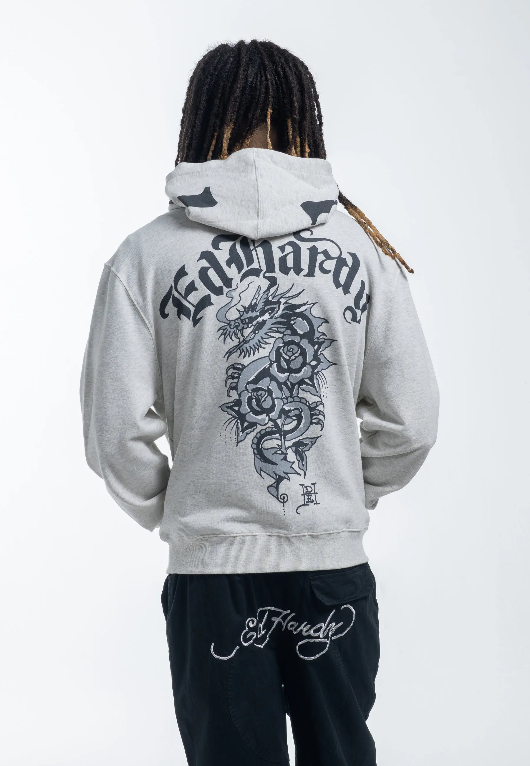 Mens Dragon Rose Zip Through Hoodie - Beige Marl