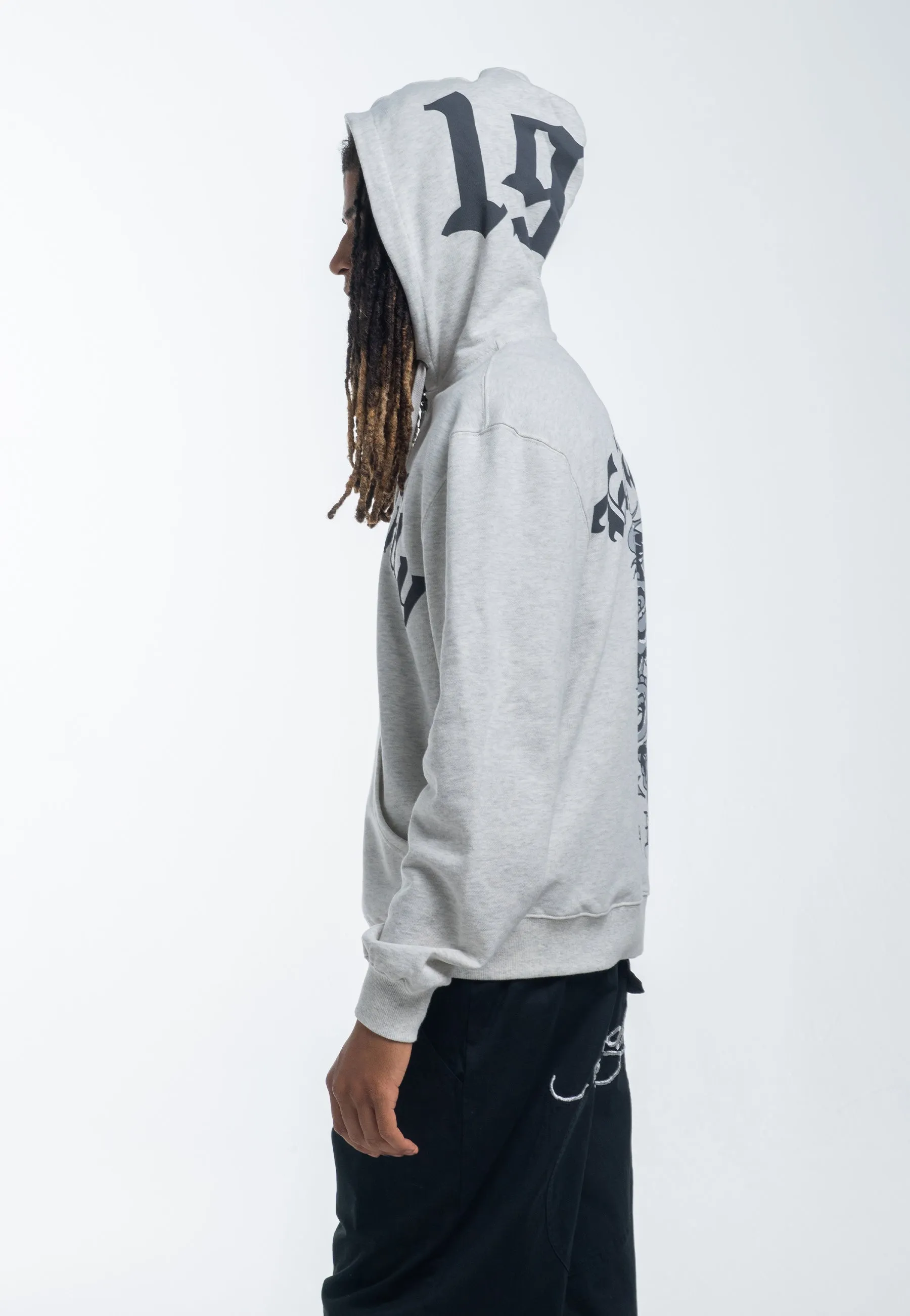 Mens Dragon Rose Zip Through Hoodie - Beige Marl