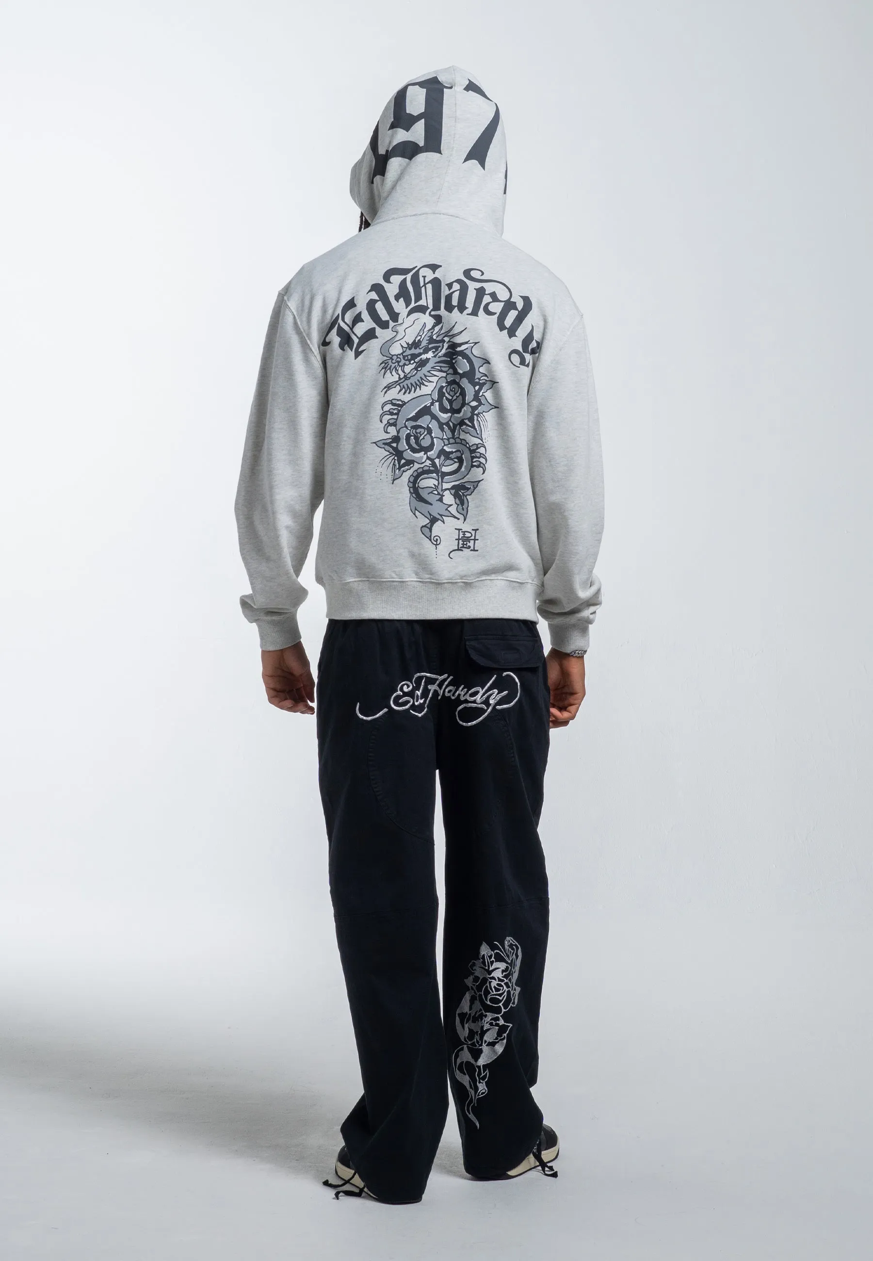 Mens Dragon Rose Zip Through Hoodie - Beige Marl