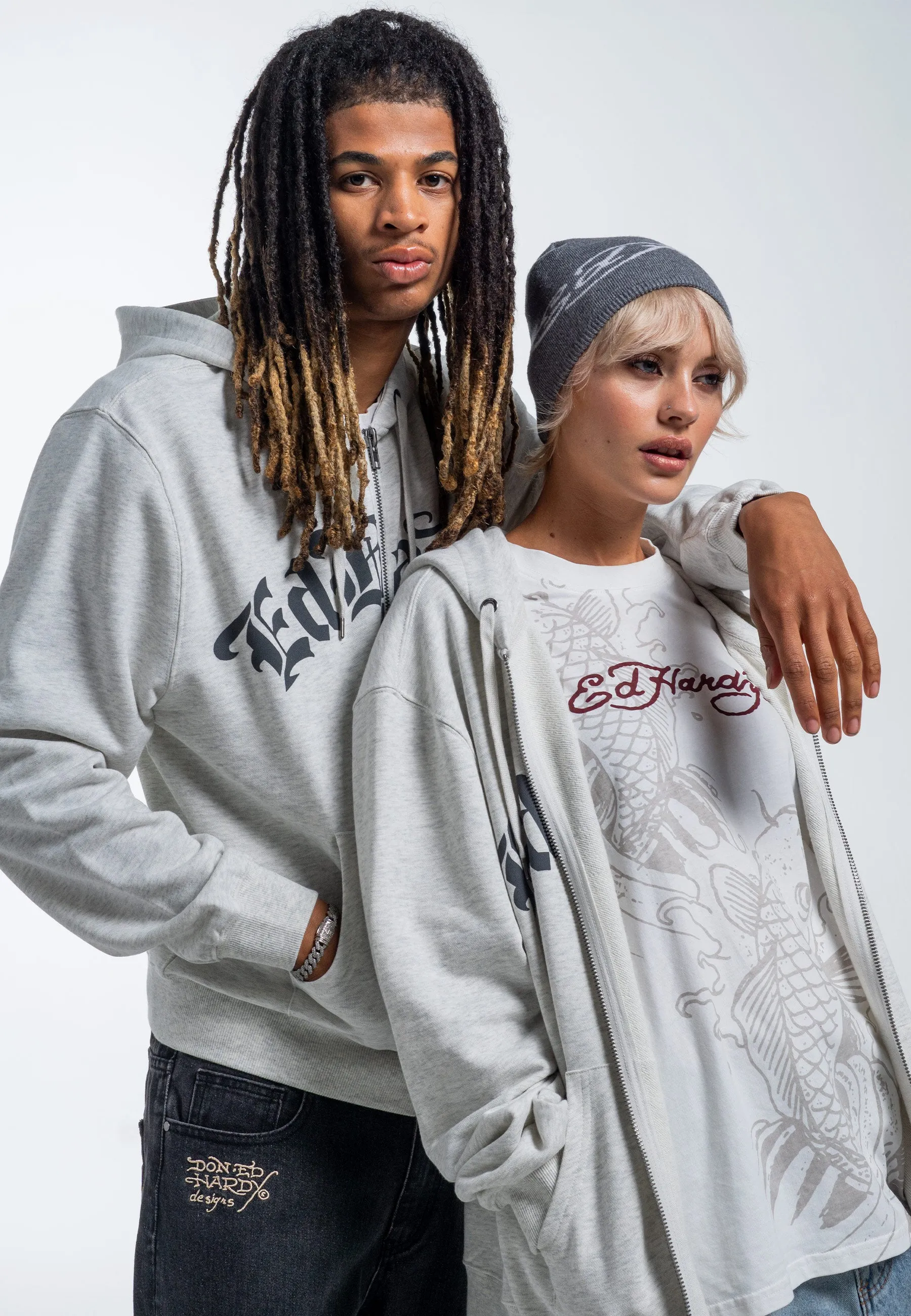 Mens Dragon Rose Zip Through Hoodie - Beige Marl