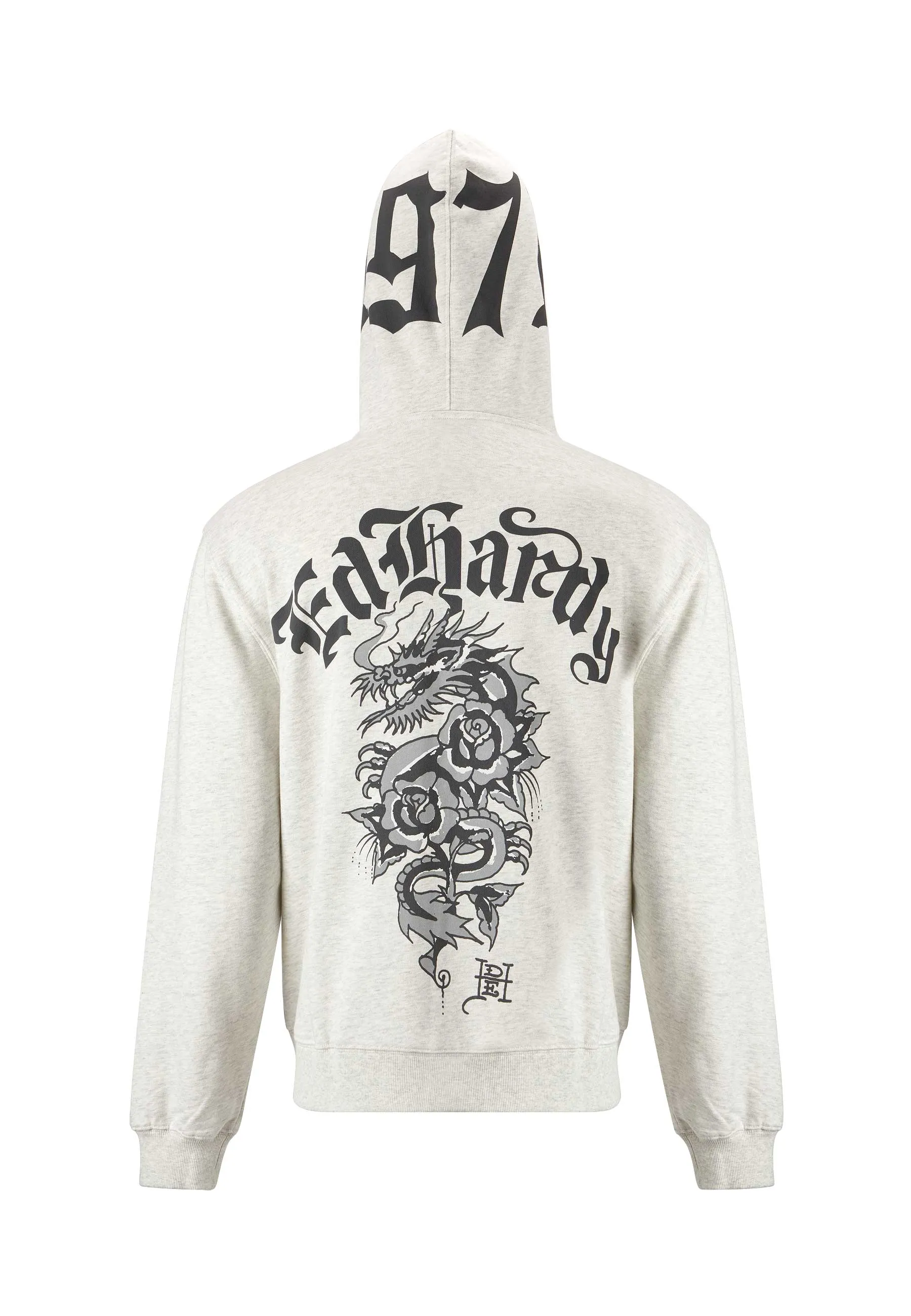 Mens Dragon Rose Zip Through Hoodie - Beige Marl