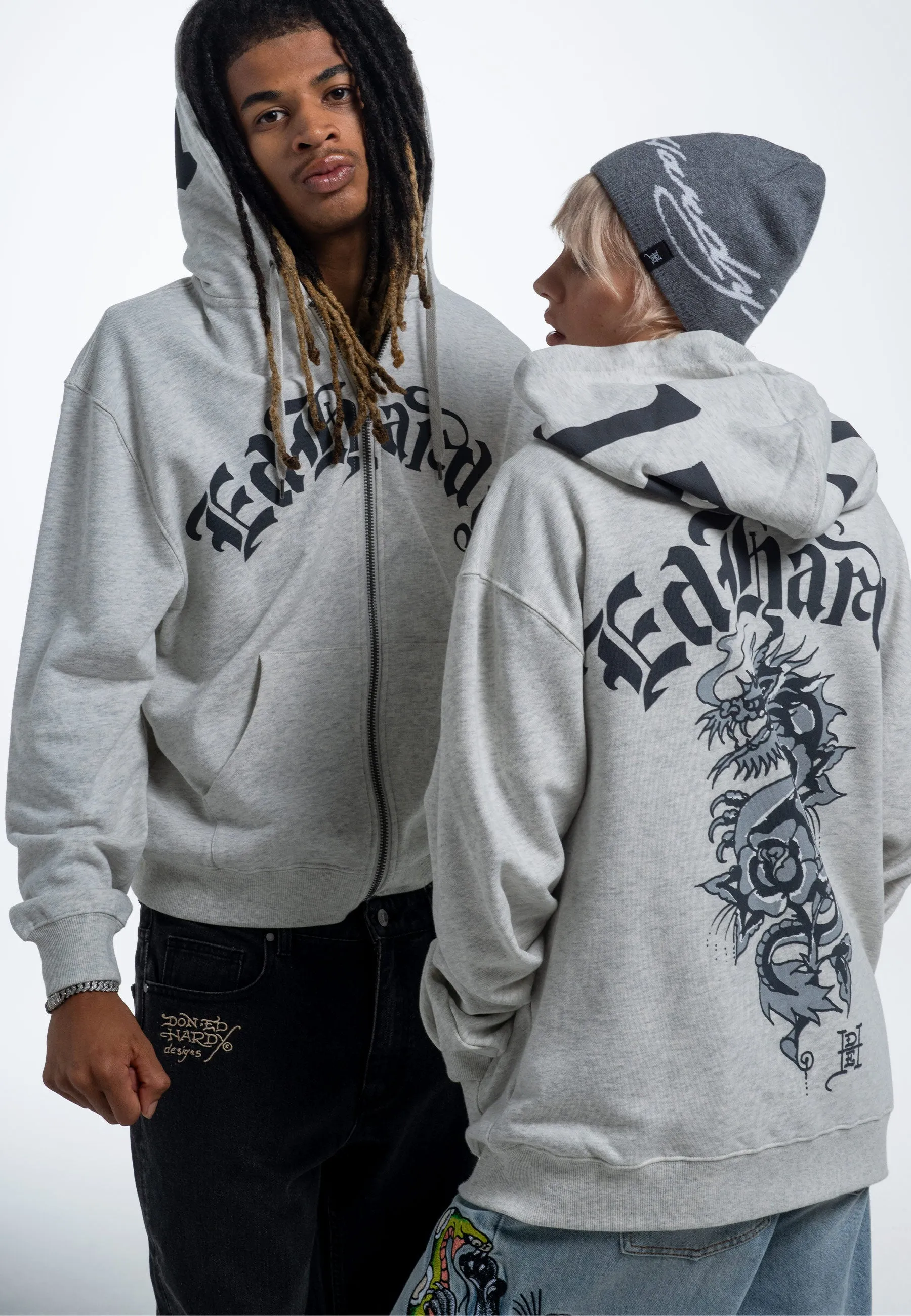 Mens Dragon Rose Zip Through Hoodie - Beige Marl