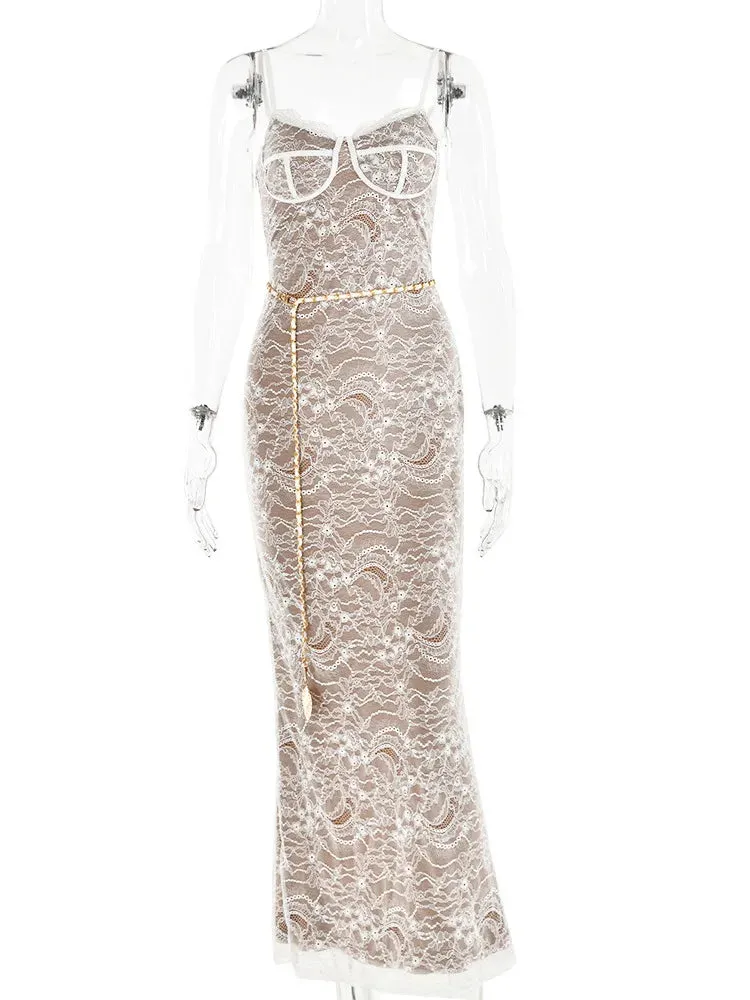 Mozision Elegant Lace Print Maxi Dress For Women Spaghetti Strap Sleeveless Backless Bodycon Club Party Sexy Evening Dress