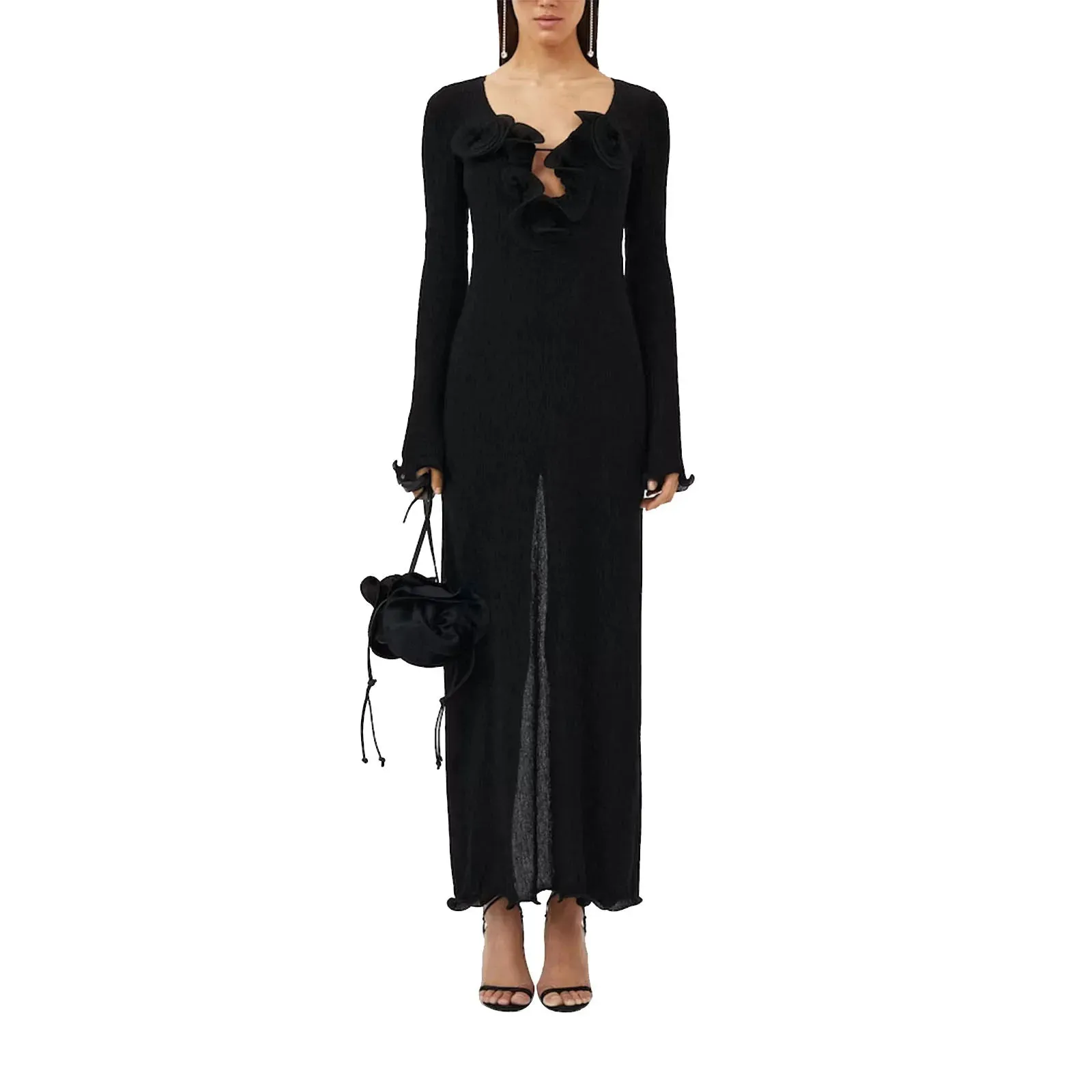 Newest Arrival Women Long Dress Long Sleeve Slit Dress Flower Slim Fit Cocktail Dress for Party Evening