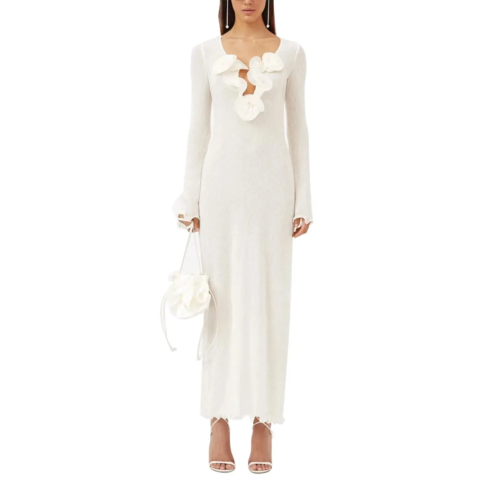 Newest Arrival Women Long Dress Long Sleeve Slit Dress Flower Slim Fit Cocktail Dress for Party Evening