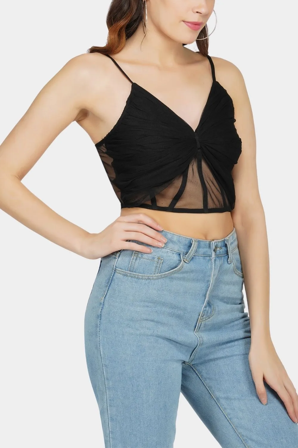 Olivia Bow Mesh Top in Black
