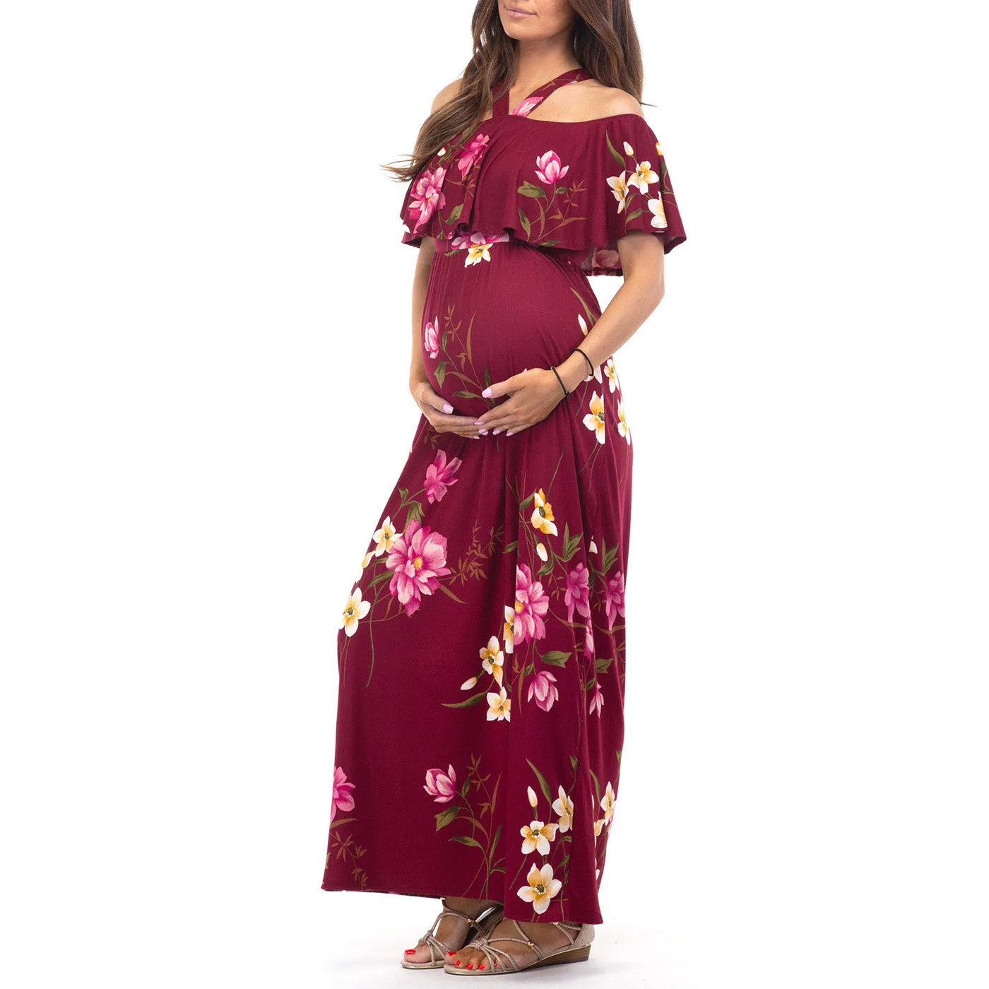 Open Shoulder Maternity Floral Print Dress with Ruffles