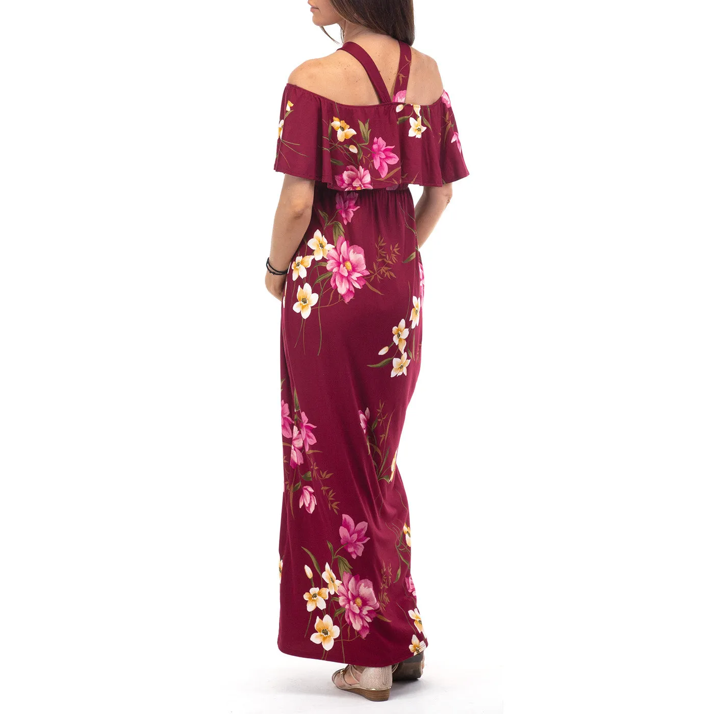 Open Shoulder Maternity Floral Print Dress with Ruffles