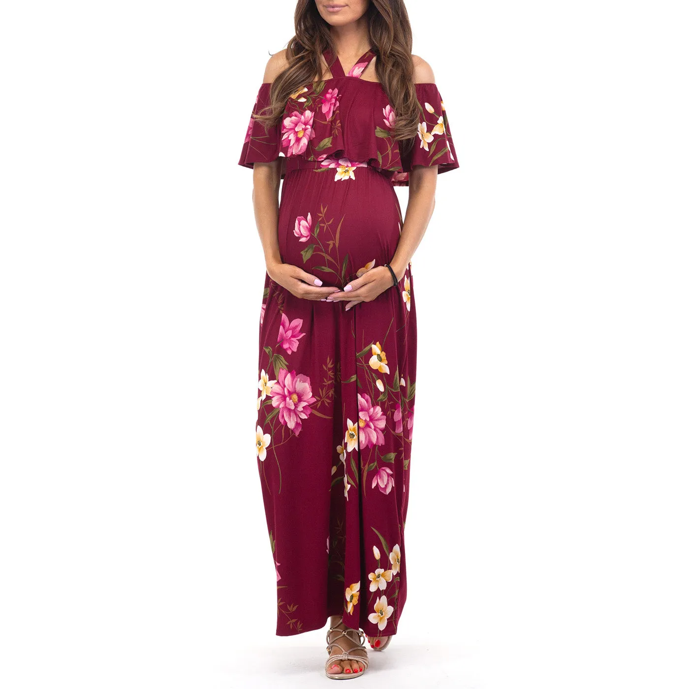 Open Shoulder Maternity Floral Print Dress with Ruffles