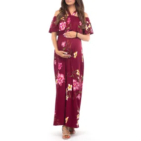 Open Shoulder Maternity Floral Print Dress with Ruffles