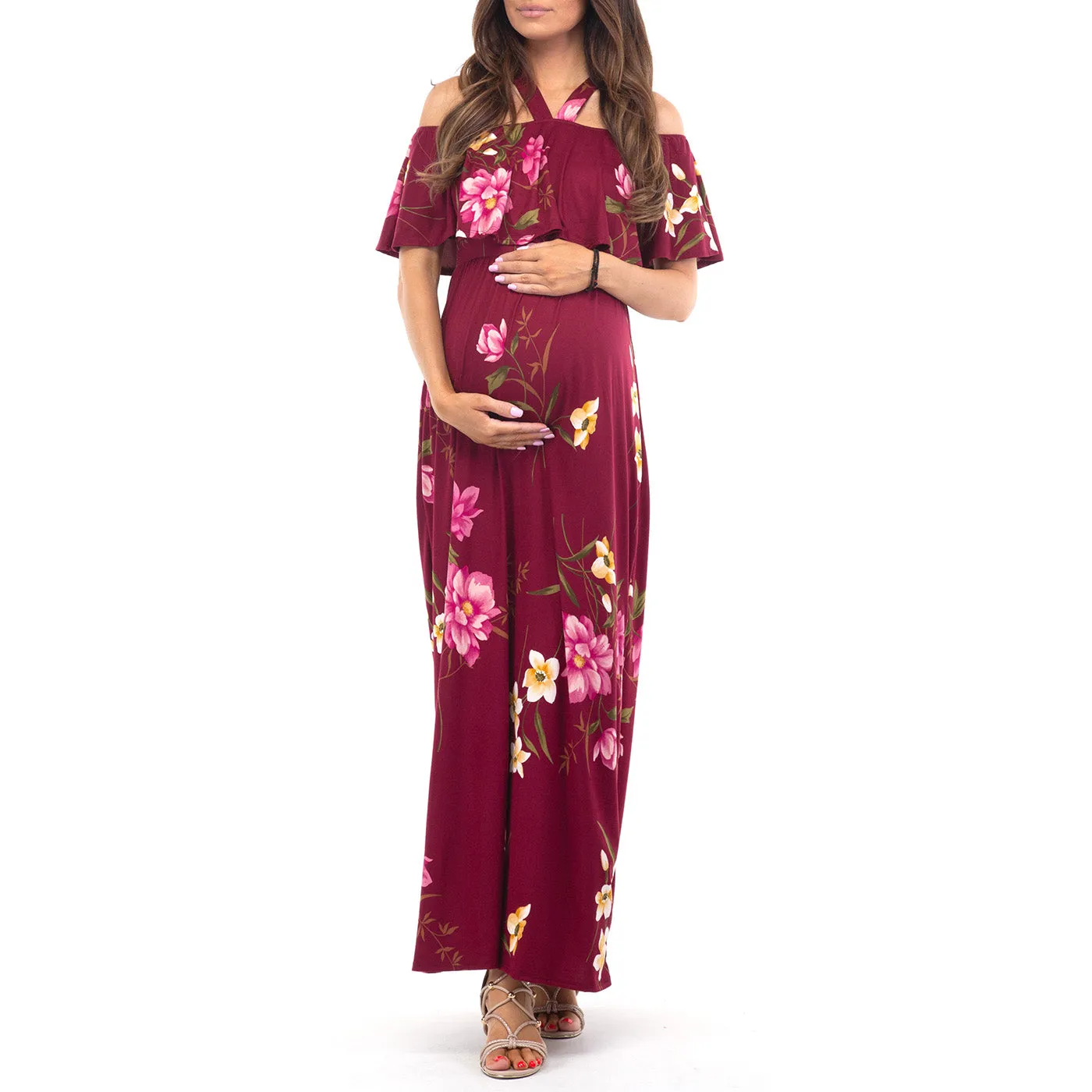 Open Shoulder Maternity Floral Print Dress with Ruffles