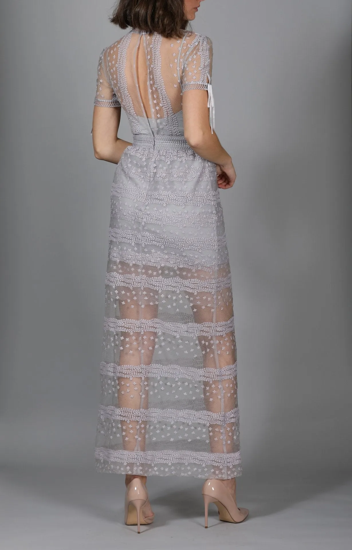 Purple Sheer Floral-Lace Layered Maxi Dress
