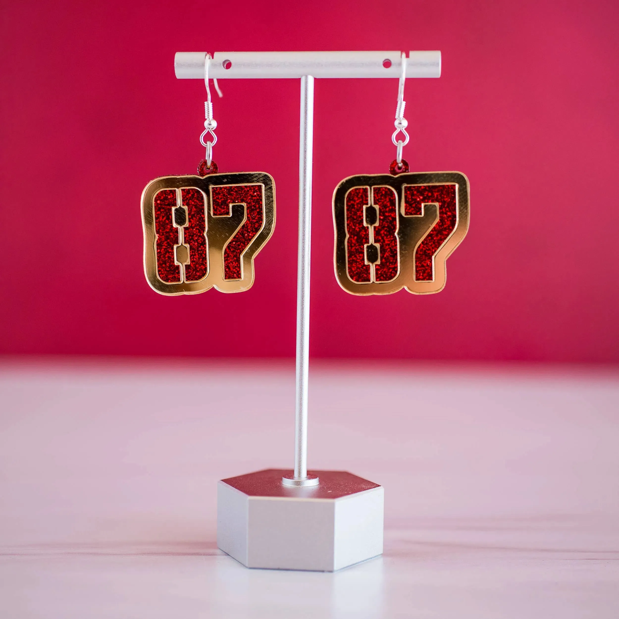 Red Glitter &Gold Mirror 87 Dangles KC Chiefs Football Travis Kelce