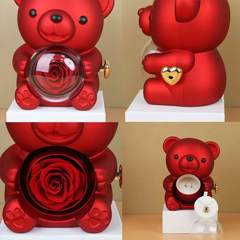 Romantic Eternal Rose Teddy Bear Jewelry Box with Necklace - Perfect Gift for Her
