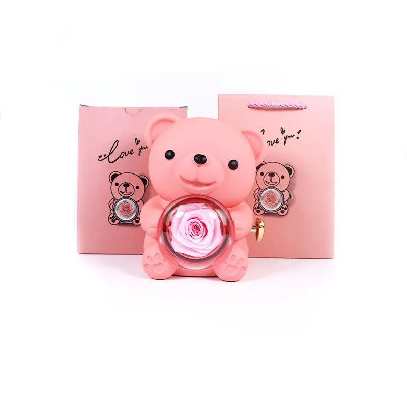 Romantic Eternal Rose Teddy Bear Jewelry Box with Necklace - Perfect Gift for Her