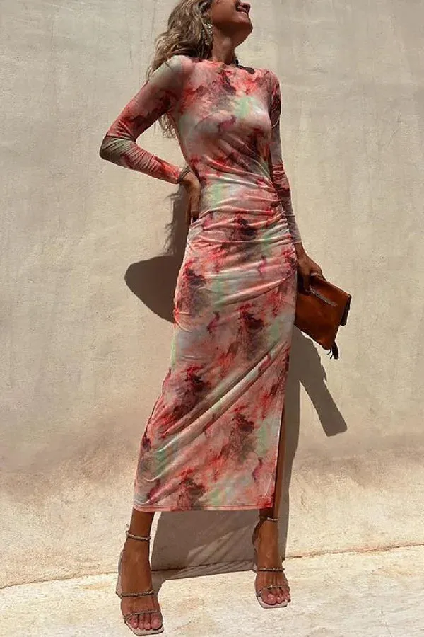 Tie Dye Printed Mesh See-through Maxi Dresses For Women Sexy Slim Slit Party Evening Dress 2023 Spring New Fashion Club Vestidos
