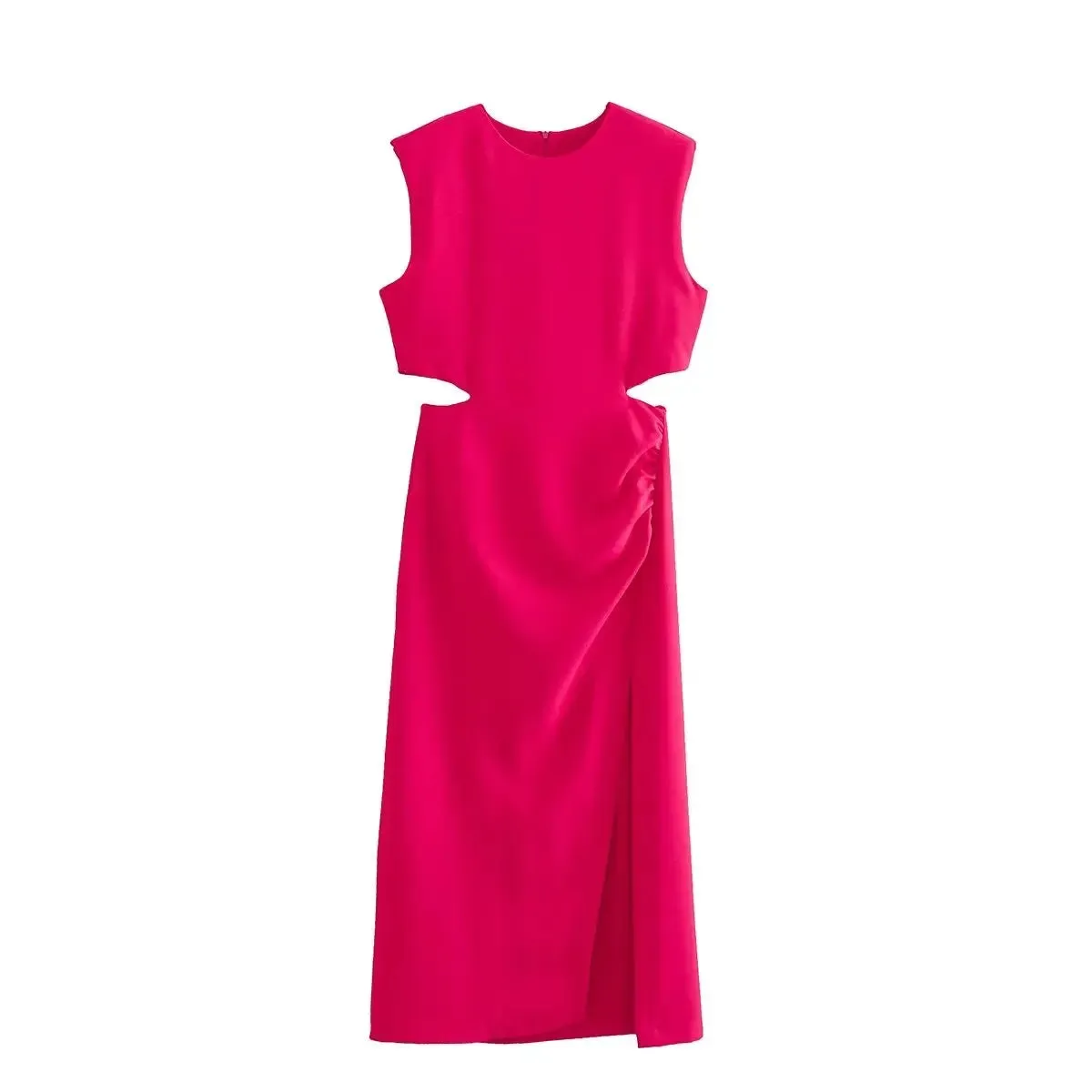 TRAFZA New Cut Out Rose Red Dress Woman Ruched Summer Long Dresses For Women Sleeveless Midi Party Dresses Elegant Evening Dress