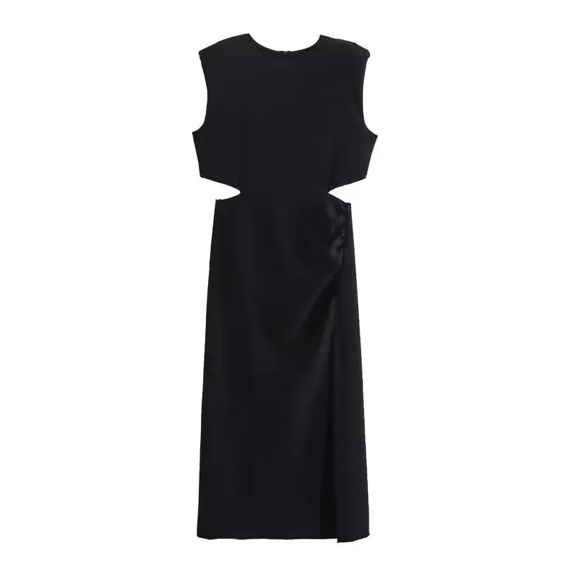TRAFZA New Cut Out Rose Red Dress Woman Ruched Summer Long Dresses For Women Sleeveless Midi Party Dresses Elegant Evening Dress